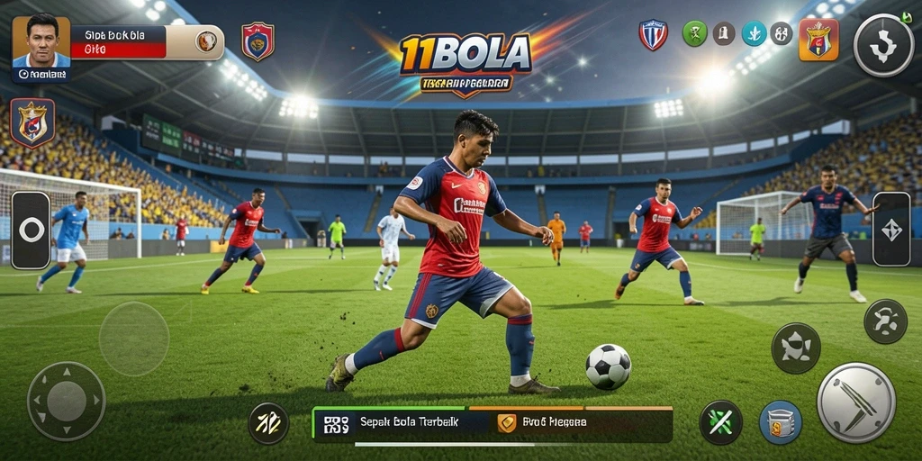Screenshot dari gameplay 11BOLA yang menampilkan aksi menarik di lapangan sepak bola.