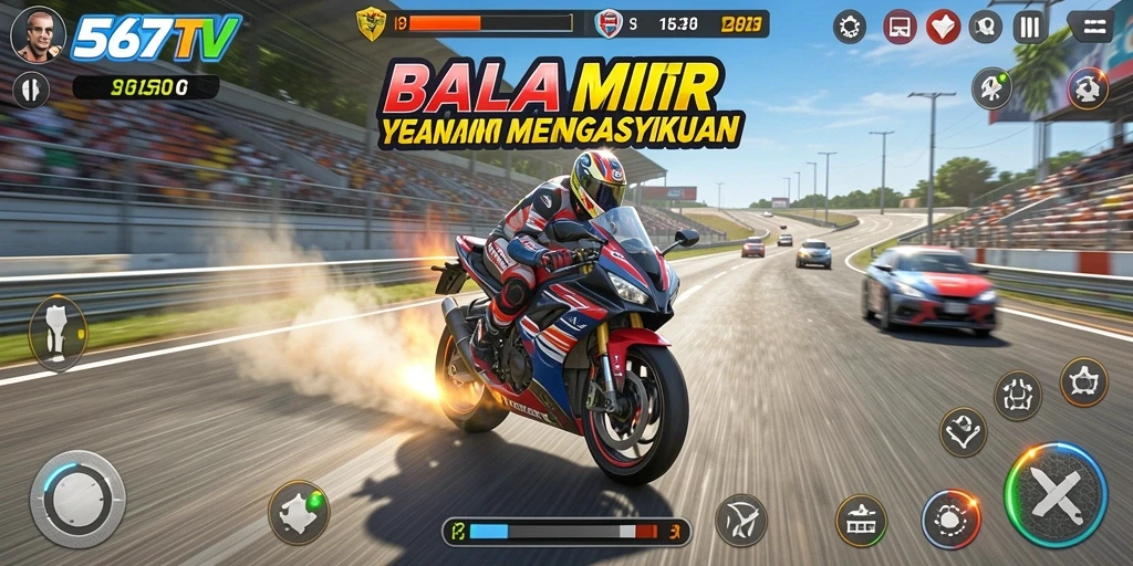 Screenshot gameplay seru 567TV yang menampilkan balapan motor mendebarkan.
