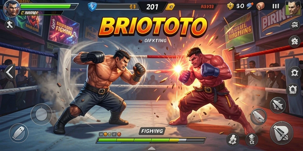 Tangkapan layar BRIOTOTO yang menampilkan aksi pertarungan seru dan karakter beragam.