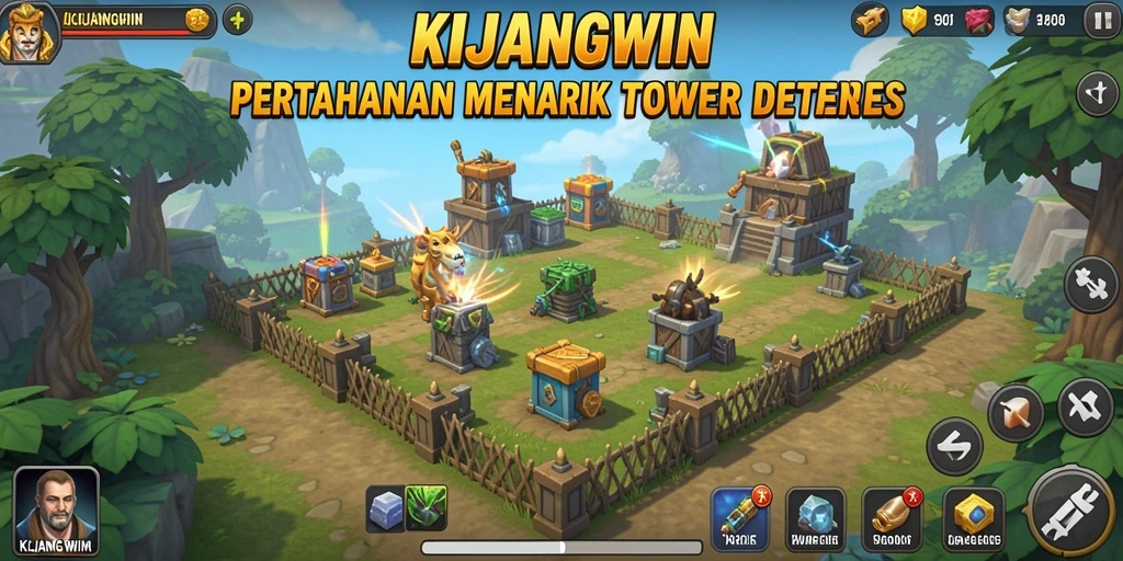 Tampilan gameplay menawan KIJANGWIN dengan menara pertahanan aktif.