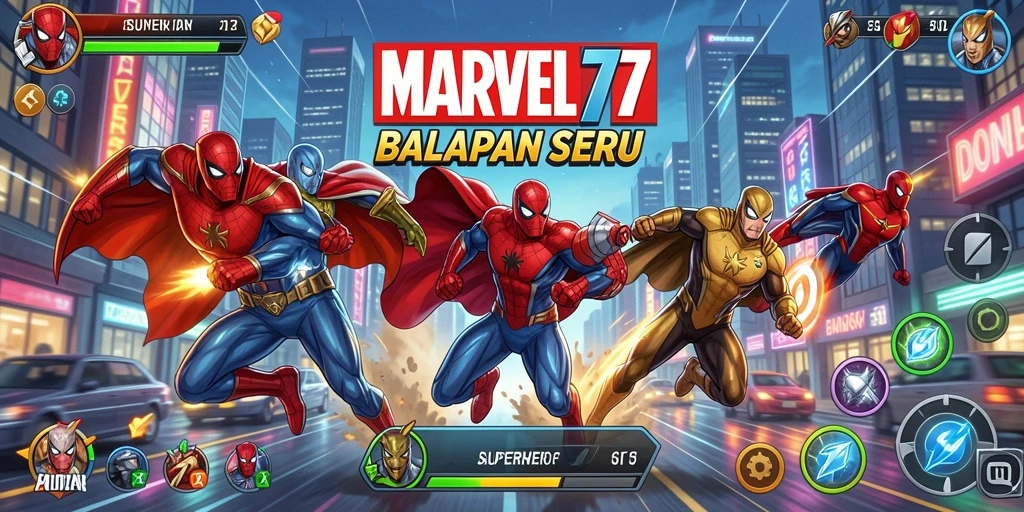 Screenshot menunjukkan aksi balapan cepat dan karakter superhero.