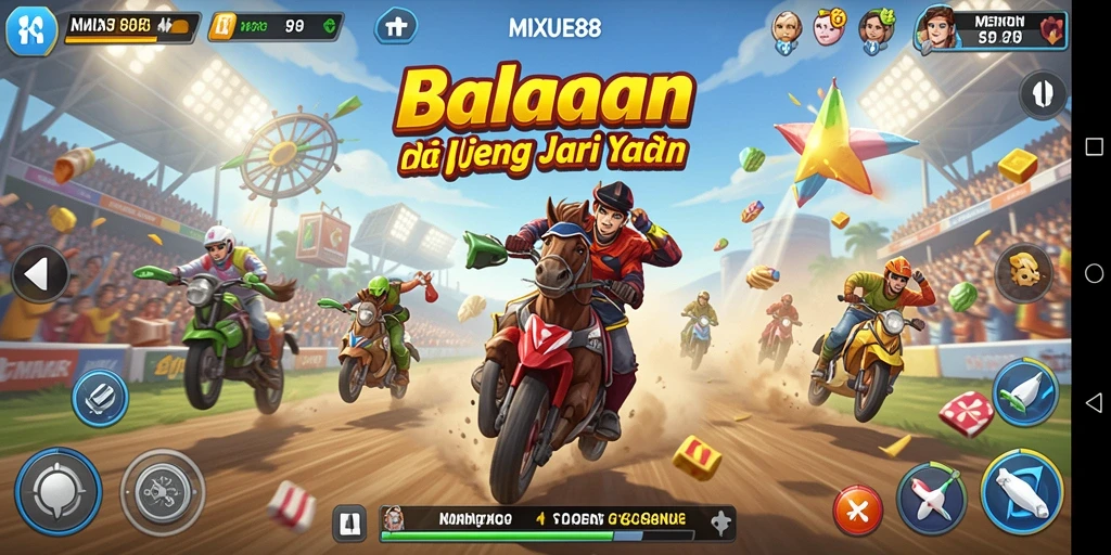 Screenshot gameplay MIXUE88 menampilkan balapan yang mendebarkan dan kendaraan berkecepatan tinggi.