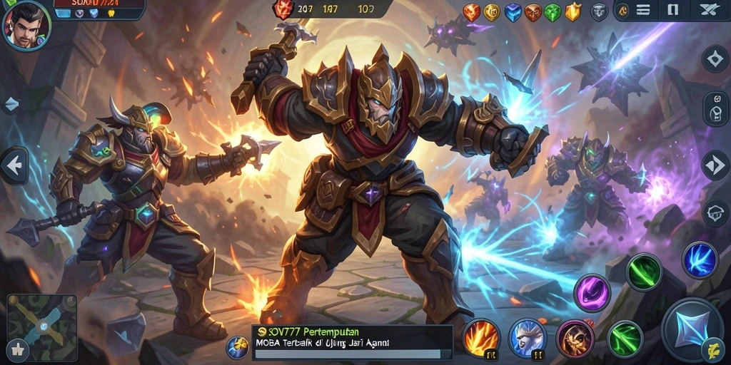 Screenshot gameplay SOV777 dengan pertarungan intens di arena MOBA.