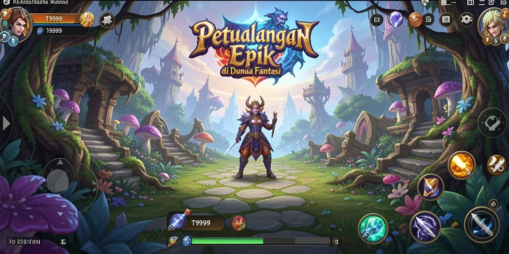 Tangkapan layar utama T9999 menampilkan pertarungan epik dalam dunia fantasi.